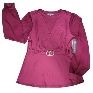 NWT Daisy Fuentes Women's Burgundy Long Sheer Sleeve Top Size Medium